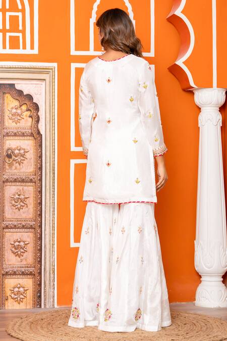 Buy_Yuvraani Jaipur_Ivory Silk, Organza, Shantoon Embroidery Round Neck Kurta Sharara Set 