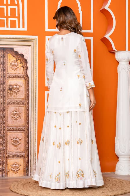 Shop_Yuvraani Jaipur_Ivory Silk, Shantoon, Organza Embroidery V-neck Kurta Sharara Set _at_Aza_Fashions