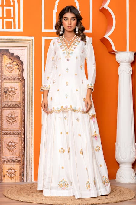 Shop_Yuvraani Jaipur_Ivory Silk, Shantoon, Organza Embroidery V-neck Kurta Sharara Set 