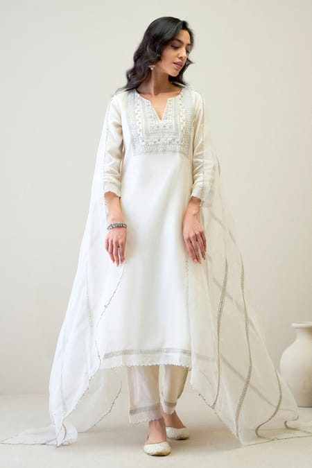 Roohbyridhimaa Off White Silk Organza, Silk, Chanderi Embroidery, Awab Kurta Pant Set Online at Aza Fashions Roohbyridhimaa_Off White Silk Organza, Silk, Chanderi Embroidery, Awab Kurta Pant Set _Online_at_Aza_Fashions