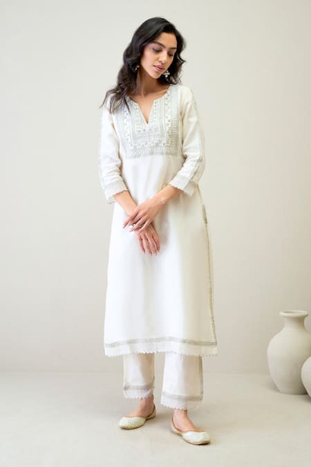 Shop Roohbyridhimaa Off White Silk Organza, Silk, Chanderi Embroidery, Awab Kurta Pant Set Online at Aza Fashions Shop_Roohbyridhimaa_Off White Silk Organza, Silk, Chanderi Embroidery, Awab Kurta Pant Set _Online_at_Aza_Fashions