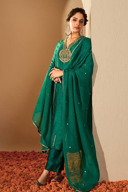 Roohbyridhimaa_Green Silk Organza, Viscose Zari, Sequins V-neck Zardozi Embroidered Kurta Set _at_Aza_Fashions