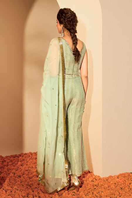 Roohbyridhimaa Sage Green Sequin Woven Blouse Pant Set 