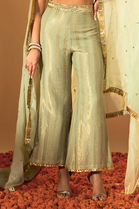 Roohbyridhimaa Green Organza, Sequins, Embroidery V-neck Sage Woven Blouse Pant Set Online at Aza Fashions Roohbyridhimaa_Green Organza, Sequins, Embroidery V-neck Sage Woven Blouse Pant Set _Online_at_Aza_Fashions