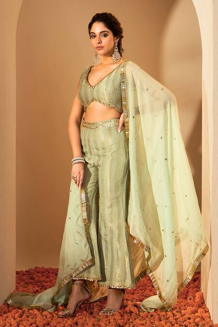 Buy Roohbyridhimaa Green Organza, Sequins, Embroidery V-neck Sage Woven Blouse Pant Set Online at Aza Fashions Buy_Roohbyridhimaa_Green Organza, Sequins, Embroidery V-neck Sage Woven Blouse Pant Set _Online_at_Aza_Fashions