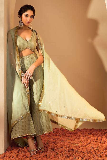 Roohbyridhimaa Green Organza, Sequins, Embroidery V-neck Sage Woven Blouse Pant Set at Aza Fashions Roohbyridhimaa_Green Organza, Sequins, Embroidery V-neck Sage Woven Blouse Pant Set _at_Aza_Fashions
