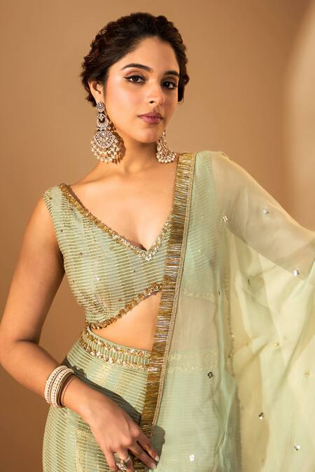 Buy Roohbyridhimaa Green Organza, Sequins, Embroidery V-neck Sage Woven Blouse Pant Set Buy_Roohbyridhimaa_Green Organza, Sequins, Embroidery V-neck Sage Woven Blouse Pant Set