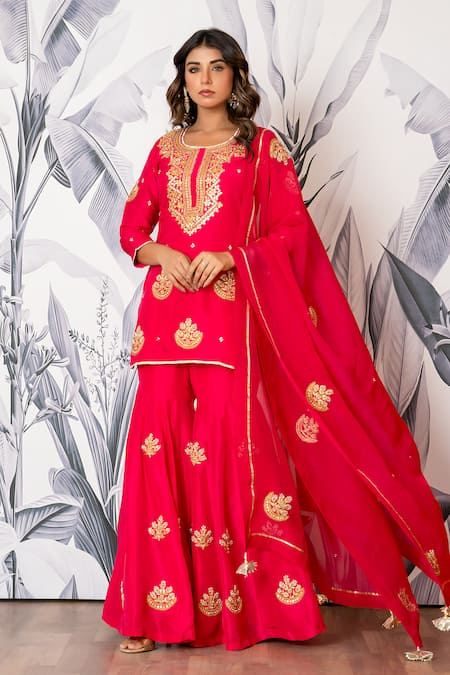 Buy_Yuvraani Jaipur_Pink Silk, Shantoon, Organza Embroidery, Sequins Round Kurta Sharara Dupatta Set _Online_at_Aza_Fashions