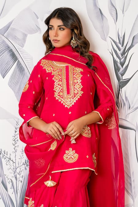 Shop_Yuvraani Jaipur_Pink Silk, Shantoon, Organza Embroidery, Sequins Round Kurta Sharara Dupatta Set _Online_at_Aza_Fashions