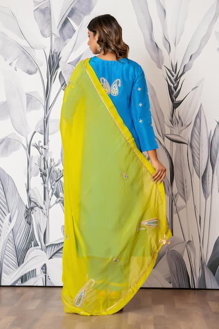 Yuvraani Jaipur_Blue Silk, Shantoon, Organza Embroidery, Sequins Round Neck Kurta Set _Online_at_Aza_Fashions