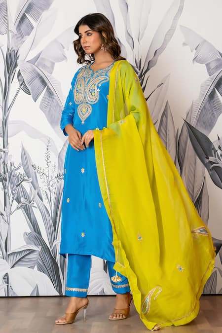 Shop_Yuvraani Jaipur_Blue Silk, Shantoon, Organza Embroidery, Sequins Round Neck Kurta Set _Online_at_Aza_Fashions