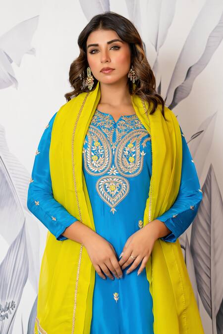 Yuvraani Jaipur_Blue Silk, Shantoon, Organza Embroidery, Sequins Round Neck Kurta Set _at_Aza_Fashions