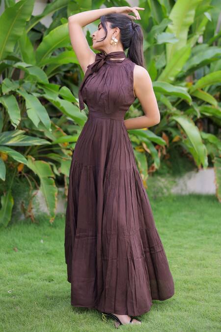 Buy_Foram Patel_Brown Rayon High Neck Designer Deep Dress_Online_at_Aza_Fashions
