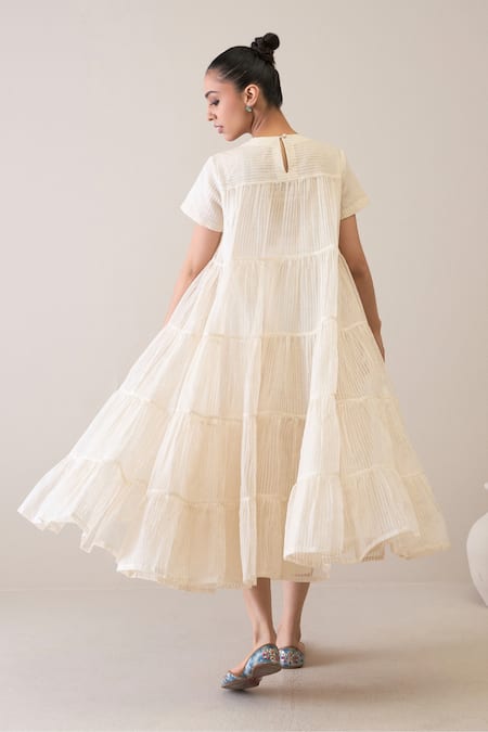 Shop_Roohbyridhimaa_Ivory Silk Organza Embroidery Round Neck Afsaa Floral Dress _at_Aza_Fashions