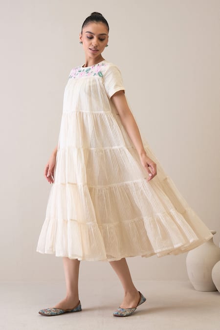 Roohbyridhimaa_Ivory Silk Organza Embroidery Round Neck Afsaa Floral Dress _Online_at_Aza_Fashions