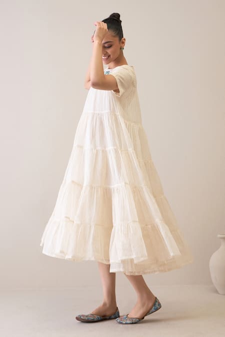 Buy_Roohbyridhimaa_Ivory Silk Organza Embroidery Round Neck Afsaa Floral Dress _Online_at_Aza_Fashions