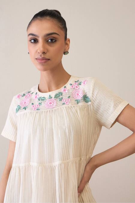 Shop_Roohbyridhimaa_Ivory Silk Organza Embroidery Round Neck Afsaa Floral Dress _Online_at_Aza_Fashions