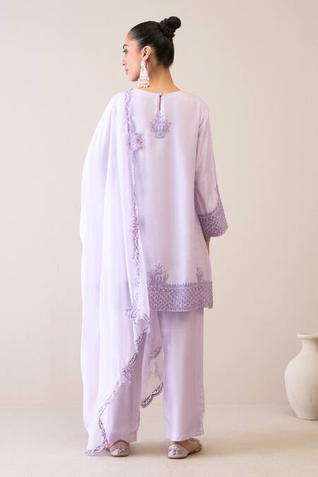 Shop Roohbyridhimaa Purple Viscose, , Organza Embroidery Round Neck Areesha Kurta Pant Set at Aza Fashions Shop_Roohbyridhimaa_Purple Viscose, , Organza Embroidery Round Neck Areesha Kurta Pant Set _at_Aza_Fashions
