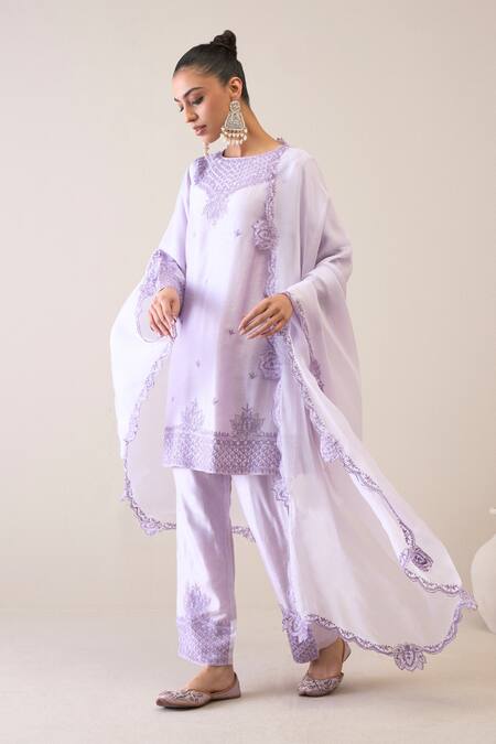 Shop Roohbyridhimaa Purple Viscose, , Organza Embroidery Round Neck Areesha Kurta Pant Set Online at Aza Fashions Shop_Roohbyridhimaa_Purple Viscose, , Organza Embroidery Round Neck Areesha Kurta Pant Set _Online_at_Aza_Fashions