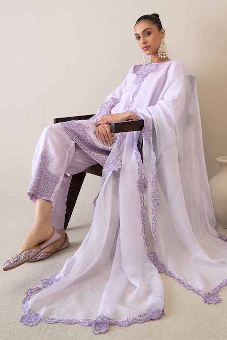 Roohbyridhimaa Purple Viscose, , Organza Embroidery Round Neck Areesha Kurta Pant Set at Aza Fashions Roohbyridhimaa_Purple Viscose, , Organza Embroidery Round Neck Areesha Kurta Pant Set _at_Aza_Fashions
