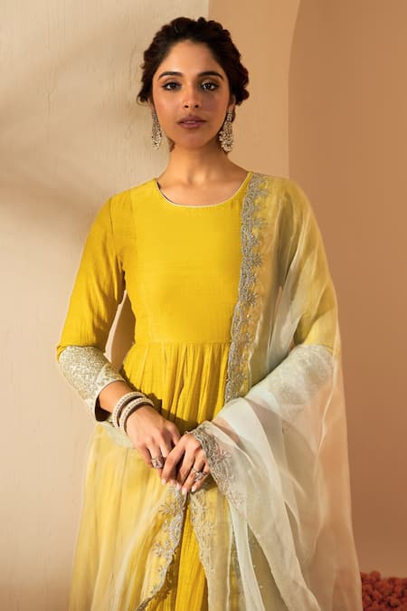 Buy_Roohbyridhimaa_Yellow Silk Organza, Silk, Chanderi, Chiffon Zari, Sequins, Anarkali Set _Online_at_Aza_Fashions