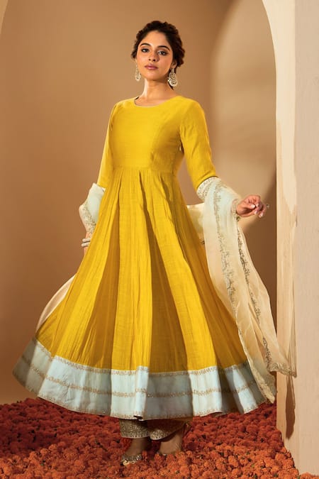Shop_Roohbyridhimaa_Yellow Silk Organza, Silk, Chanderi, Chiffon Zari, Sequins, Anarkali Set _Online_at_Aza_Fashions