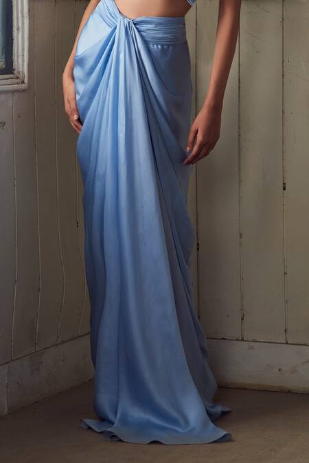 PIRI INDIA_Lavender Silk, Satin, Organza Embroidery Round Blue Designer Blouse And Skirt Set _Online_at_Aza_Fashions