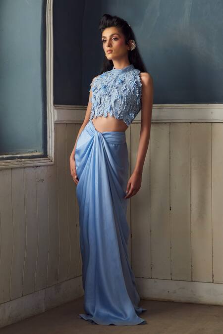 Shop_PIRI INDIA_Lavender Silk, Satin, Organza Embroidery Round Blue Designer Blouse And Skirt Set _Online_at_Aza_Fashions