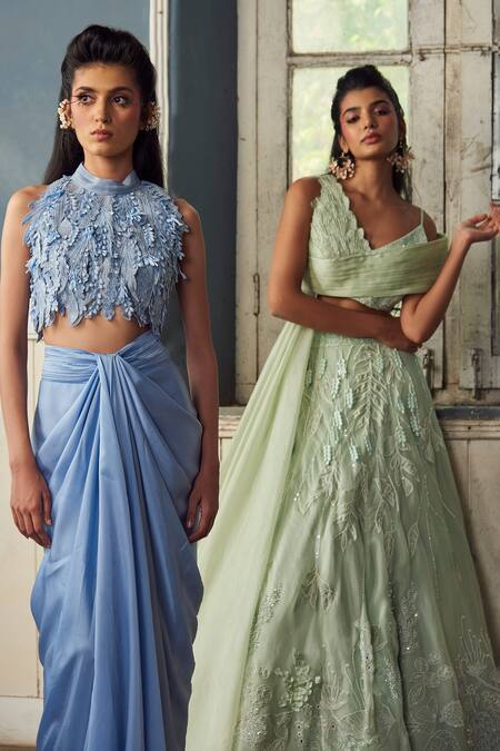 Shop_PIRI INDIA_Lavender Silk, Satin, Organza Embroidery Round Blue Designer Blouse And Skirt Set 