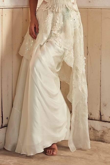 Shop_PIRI INDIA_Gray Organza, Silk, Satin Embroidery Off-shoulder Designer Top And Skirt Set _Online_at_Aza_Fashions