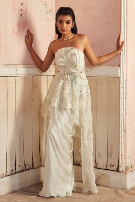 PIRI INDIA_Gray Organza, Silk, Satin Embroidery Off-shoulder Designer Top And Skirt Set _at_Aza_Fashions