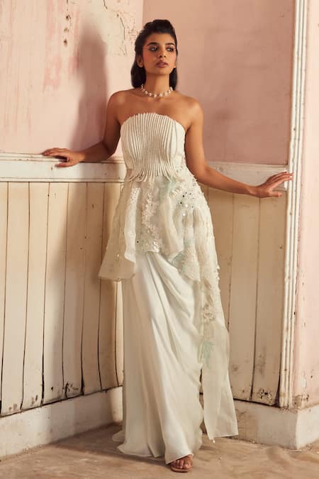 Piri India Gray Organza, Silk, Satin Embroidery Off-shoulder Designer Top And Skirt Set 