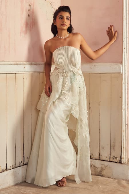 Shop_PIRI INDIA_Gray Organza, Silk, Satin Embroidery Off-shoulder Designer Top And Skirt Set 