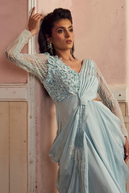 PIRI INDIA Blue Satin, Organza, Net Embroidery V-neck Powder Designer Gown Online at Aza Fashions PIRI INDIA_Blue Satin, Organza, Net Embroidery V-neck Powder Designer Gown _Online_at_Aza_Fashions