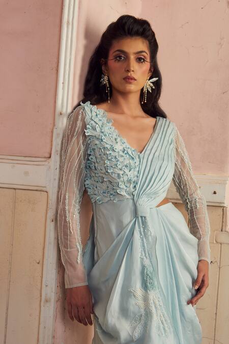 Buy PIRI INDIA Blue Satin, Organza, Net Embroidery V-neck Powder Designer Gown Online at Aza Fashions Buy_PIRI INDIA_Blue Satin, Organza, Net Embroidery V-neck Powder Designer Gown _Online_at_Aza_Fashions