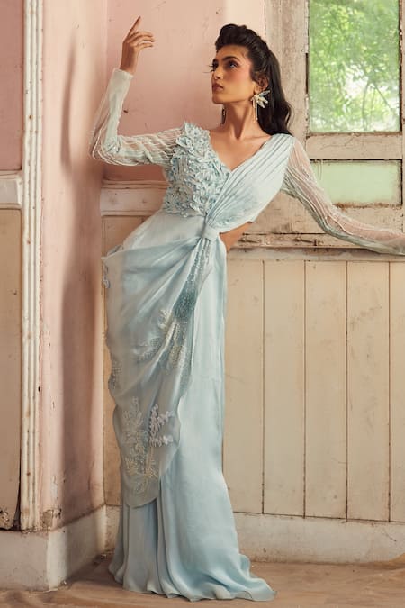 Shop PIRI INDIA Blue Satin, Organza, Net Embroidery V-neck Powder Designer Gown Online at Aza Fashions Shop_PIRI INDIA_Blue Satin, Organza, Net Embroidery V-neck Powder Designer Gown _Online_at_Aza_Fashions