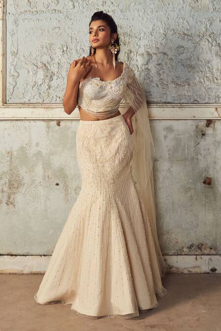 Shop_PIRI INDIA_Ivory Tulle, Chanderi, Net Embroidery, Sequins Asymmetric Hand Lehenga Set _Online_at_Aza_Fashions