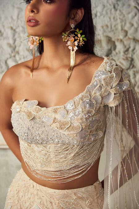PIRI INDIA_Ivory Tulle, Chanderi, Net Embroidery, Sequins Asymmetric Hand Lehenga Set _at_Aza_Fashions