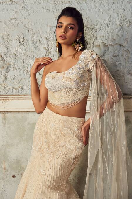 Buy_PIRI INDIA_Ivory Tulle, Chanderi, Net Embroidery, Sequins Asymmetric Hand Lehenga Set 