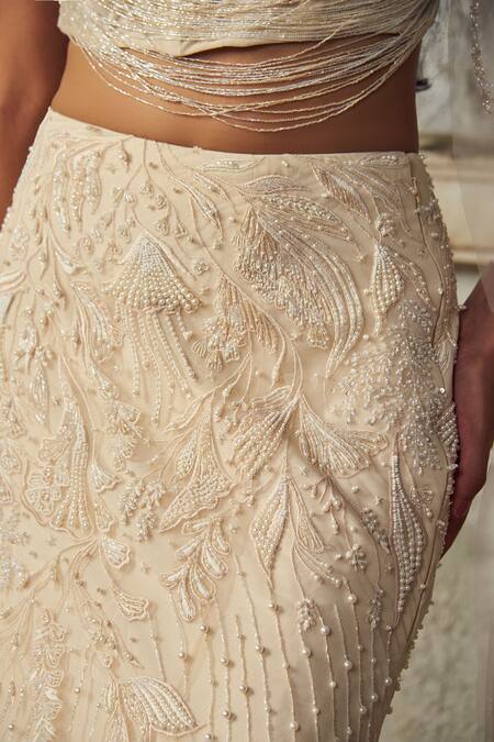 Shop_PIRI INDIA_Ivory Tulle, Chanderi, Net Embroidery, Sequins Asymmetric Hand Lehenga Set 