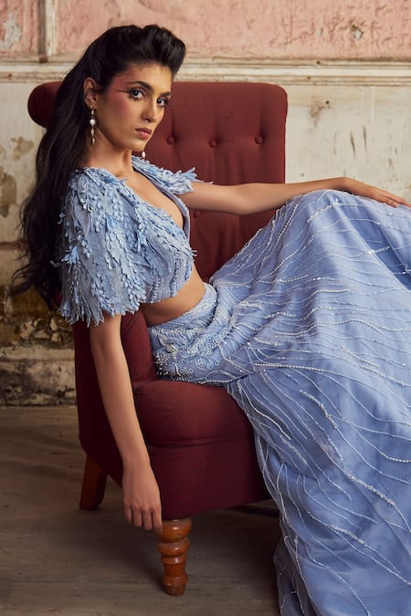 Buy_PIRI INDIA_Lavender Chanderi, Organza, Tulle Sequins Blue Embroidered Cape Lehenga Set _Online_at_Aza_Fashions