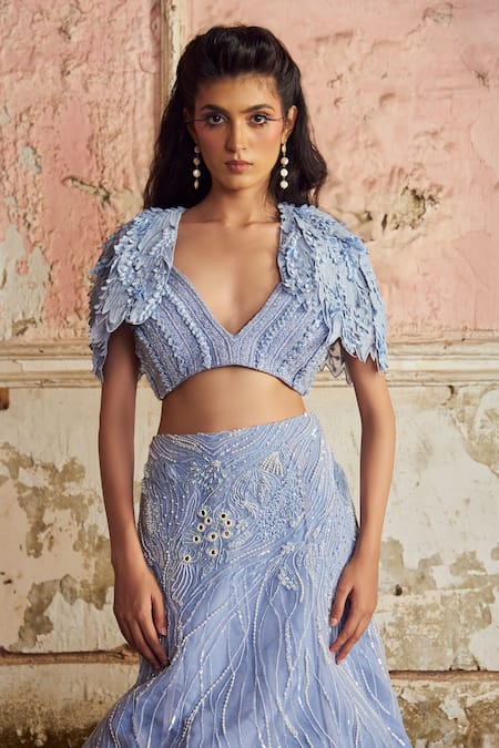 Shop_PIRI INDIA_Lavender Chanderi, Organza, Tulle Sequins Blue Embroidered Cape Lehenga Set _Online_at_Aza_Fashions