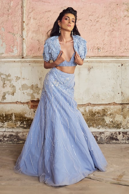 PIRI INDIA_Lavender Chanderi, Organza, Tulle Sequins Blue Embroidered Cape Lehenga Set _at_Aza_Fashions