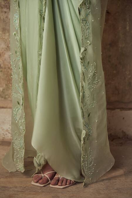PIRI INDIA_Green Satin, Organza V-, Round Sage Embroidered Drape Dress Set _Online_at_Aza_Fashions