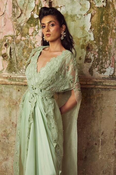 Buy_PIRI INDIA_Green Satin, Organza V-, Round Sage Embroidered Drape Dress Set _Online_at_Aza_Fashions