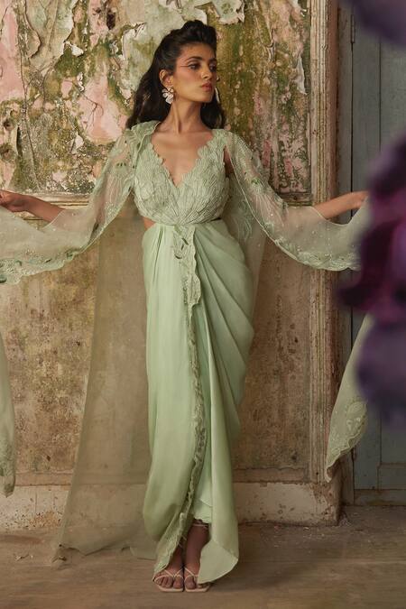 Shop_PIRI INDIA_Green Satin, Organza V-, Round Sage Embroidered Drape Dress Set _Online_at_Aza_Fashions