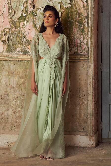 PIRI INDIA_Green Satin, Organza V-, Round Sage Embroidered Drape Dress Set _at_Aza_Fashions