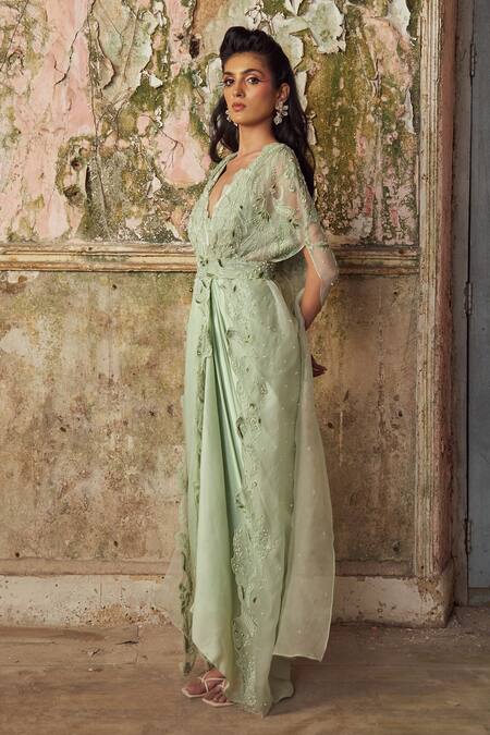 Buy_PIRI INDIA_Green Satin, Organza V-, Round Sage Embroidered Drape Dress Set 