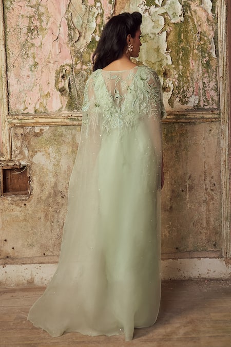 PIRI INDIA Sage Green Embroidered Drape Dress Set 