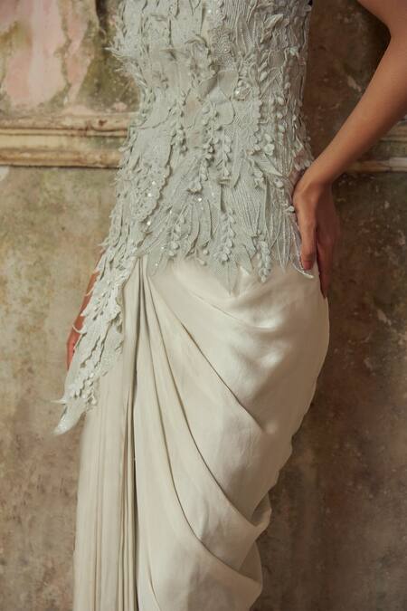 PIRI INDIA_Gray Silk, Satin, Organza Embroidery Bandeau Designer Cloud Grey Top And Skirt _Online_at_Aza_Fashions